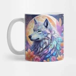 Mystical Wolf with Flowers, Full Moon, Colorful, Beautiful Mug